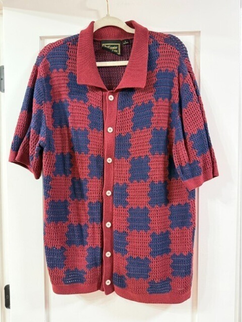 Massive Luxury Edition Knit Polo Shirt Men's L Red Blue Checker Button Up Retro